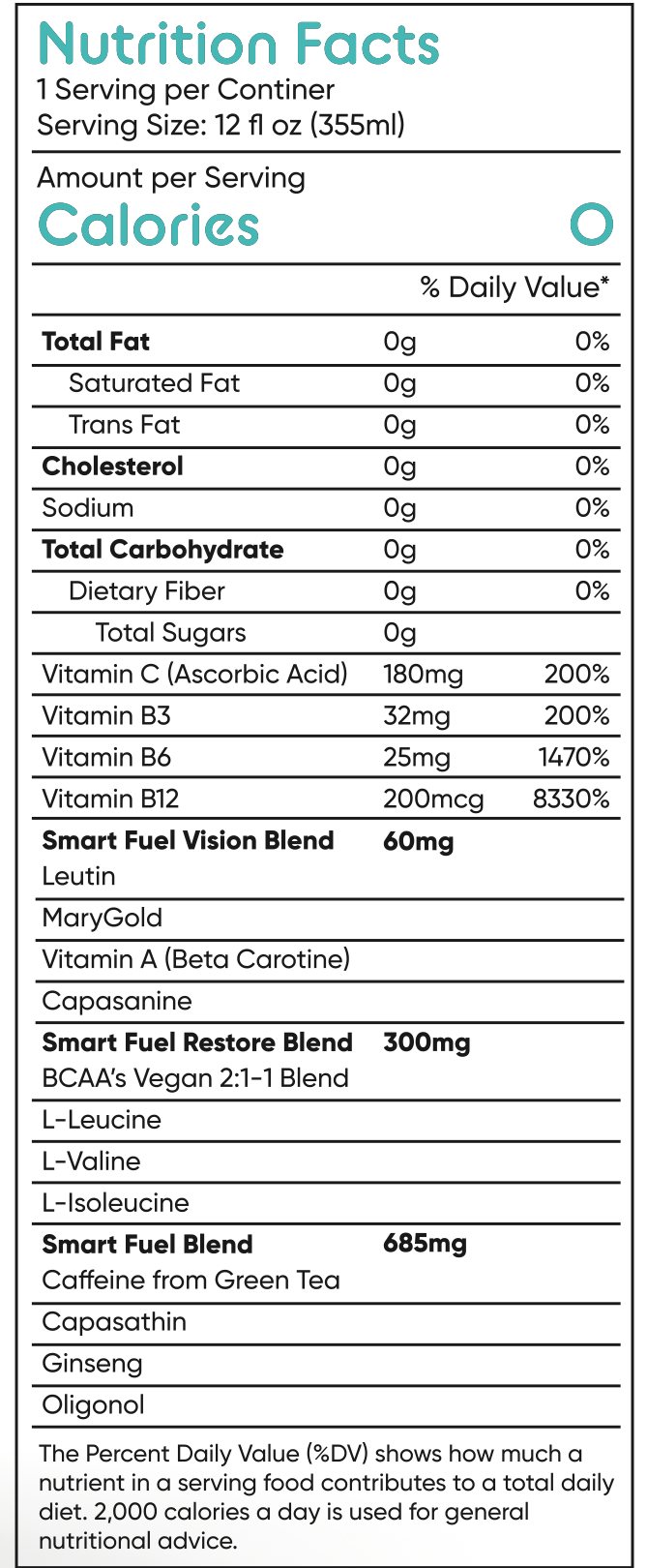 GOATED nutrition facts panel: 0 calories, 0g sugar, vitamin C, B3, B6, B12, Smart Fuel blends